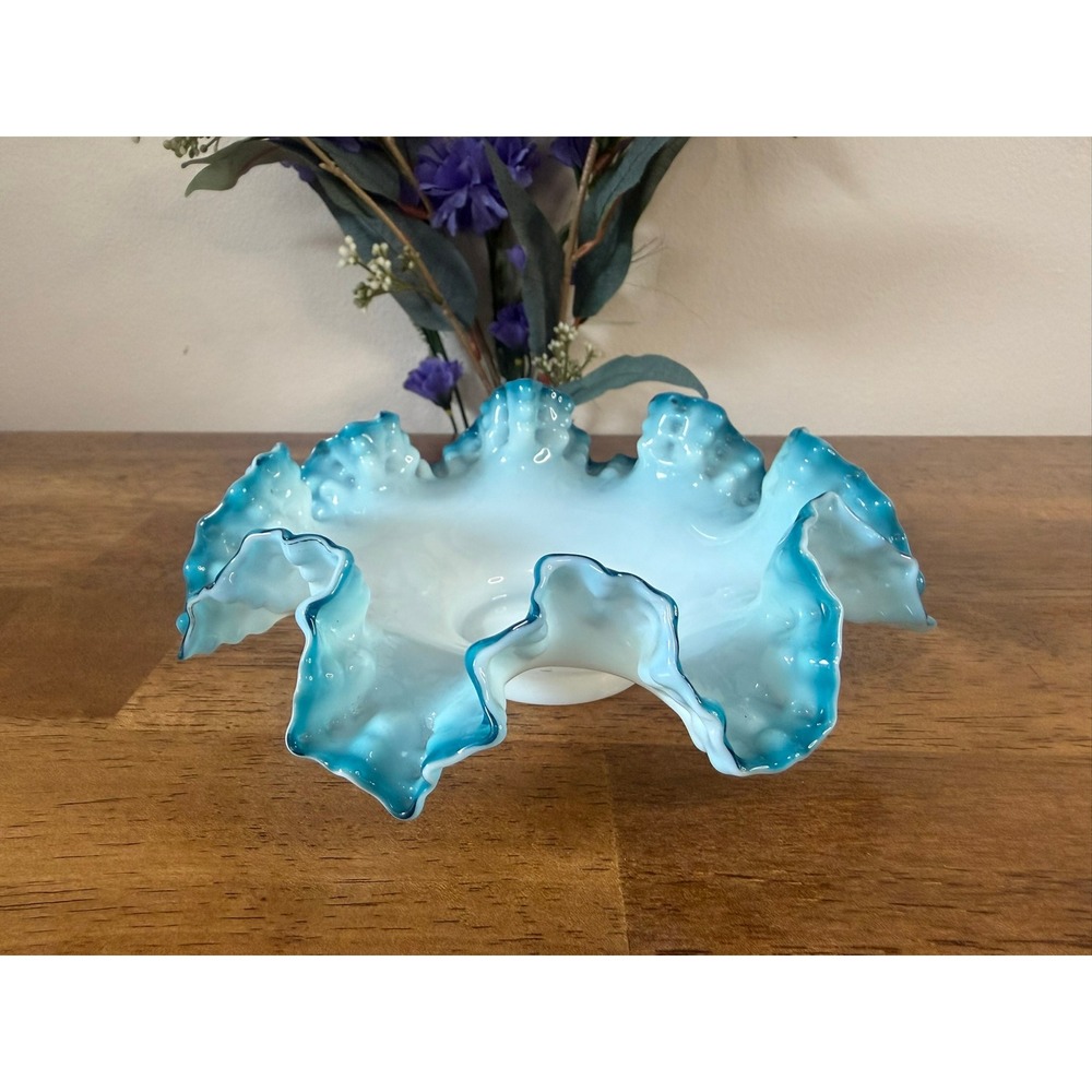 Vintage Blue Opalescent‎ Hobnail Ruffled Bowl Aqua Milk Glass Centrepiece Dish